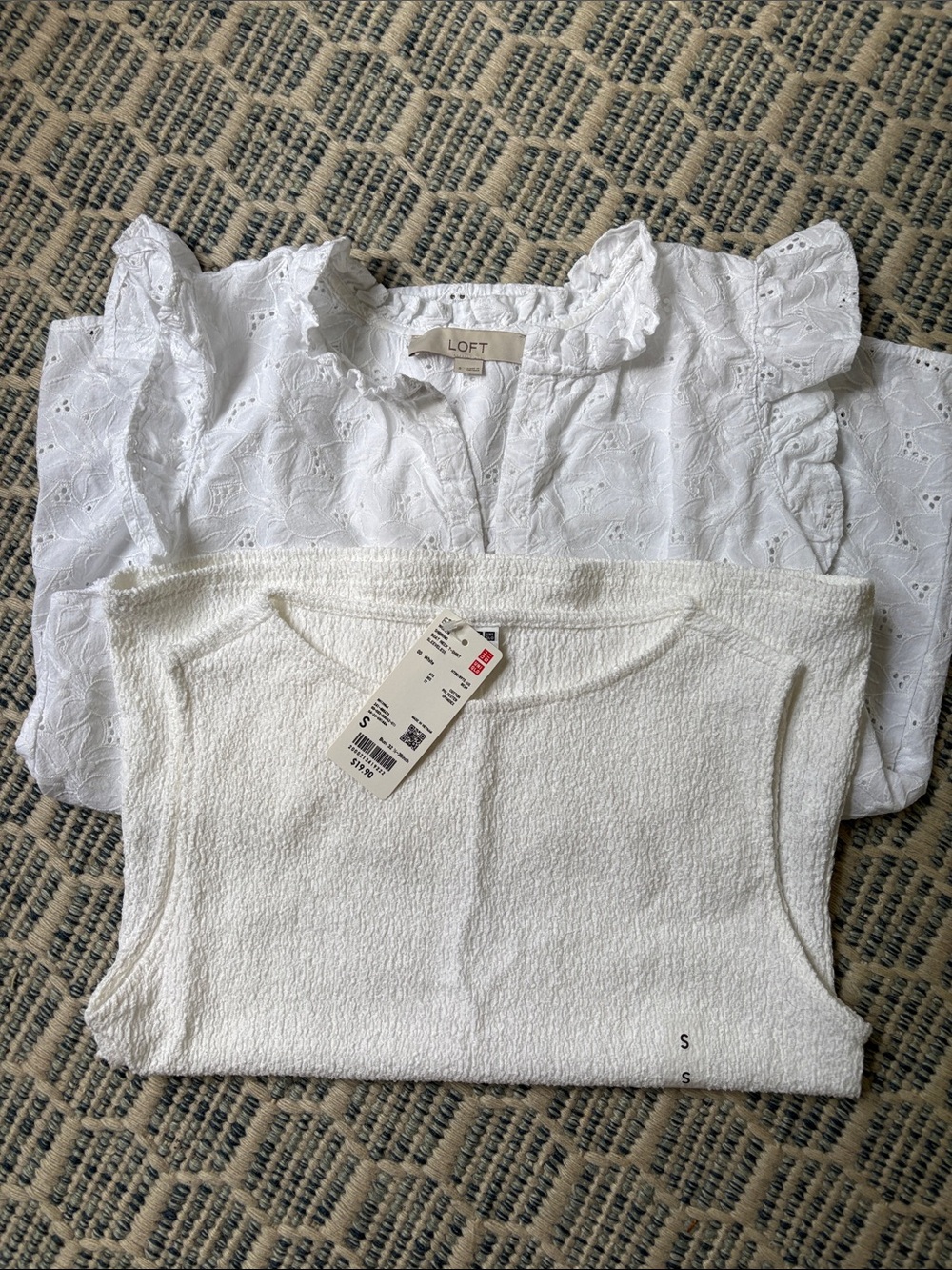 LOFT White Eyelet Ruffle Sleeve Top and Uniqlo white sleeveless top